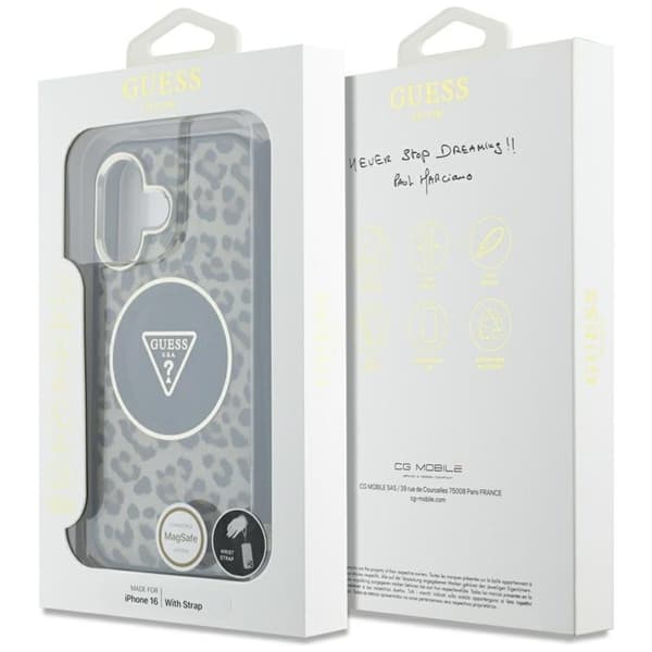 Guess iPhone 16 Mobilskal MagSafe IML Leopard Triangle Cord Strap - Brun