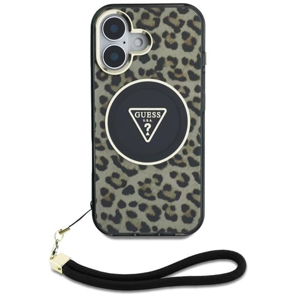 Guess iPhone 16 Mobilskal MagSafe IML Leopard Triangle Cord Strap - Brun