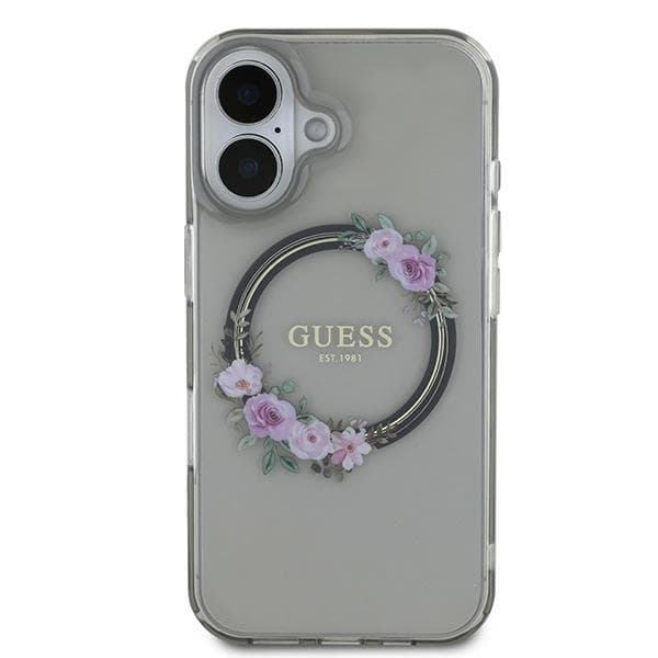 Guess iPhone 16 Mobilskal MagSafe IML Flowers Wreath - Svart