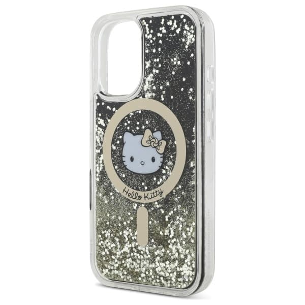 Hello Kitty iPhone 16 Mobilskal MagSafe Liquid Glitter - Svart Guld