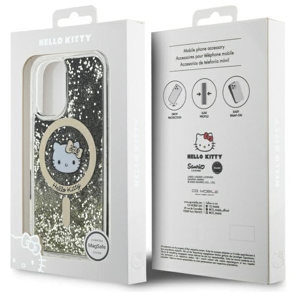 Hello Kitty iPhone 16 Mobilskal MagSafe Liquid Glitter - Svart Guld