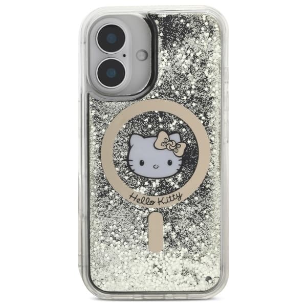 Hello Kitty iPhone 16 Mobilskal MagSafe Liquid Glitter - Svart Guld