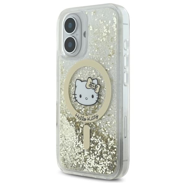 Hello Kitty iPhone 16 Mobilskal MagSafe Liquid Glitter - Vit Guld