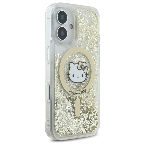 Hello Kitty iPhone 16 Mobilskal MagSafe Liquid Glitter - Vit Guld