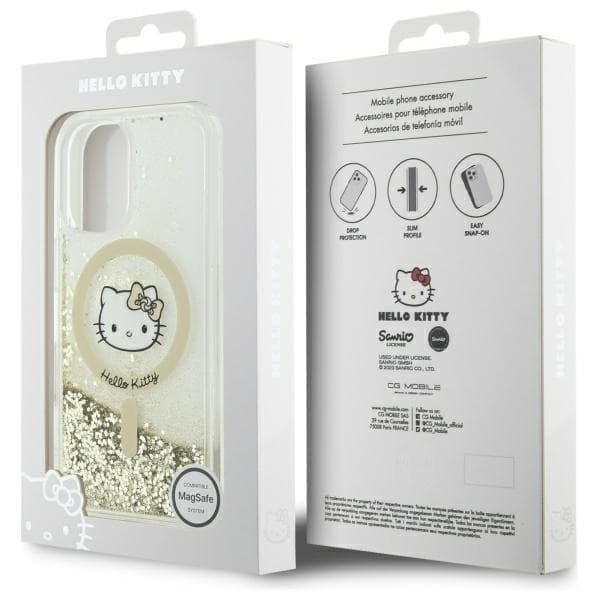 Hello Kitty iPhone 16 Mobilskal MagSafe Liquid Glitter - Vit Guld