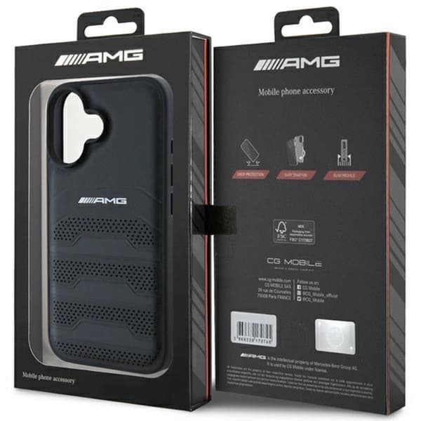 Mercedes iPhone 16 Mobilskal AMG Läder Debossed Lines - Svart