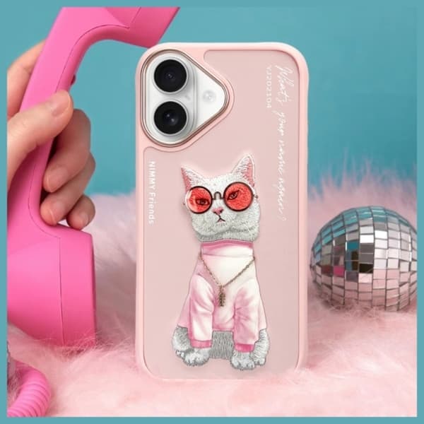 Nimmy iPhone 16 Mobilskal Glasses Cool Cat - Rosa