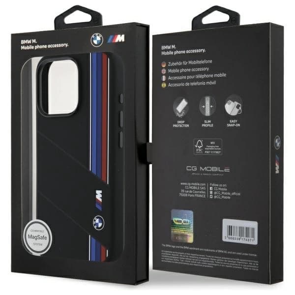 BMW iPhone 16 Pro Max Mobilskal MagSafe Silikon Cut Tricolor Lines
