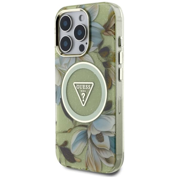 Guess iPhone 16 Pro Max Mobilskal Magsafe Glitter Flowers - Grön