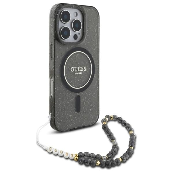 Guess iPhone 16 Pro Max Mobilskal MagSafe IML Glitter Med Strap - Svart