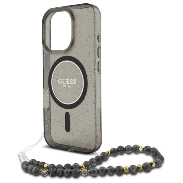 Guess iPhone 16 Pro Max Mobilskal MagSafe IML Glitter Med Strap - Svart