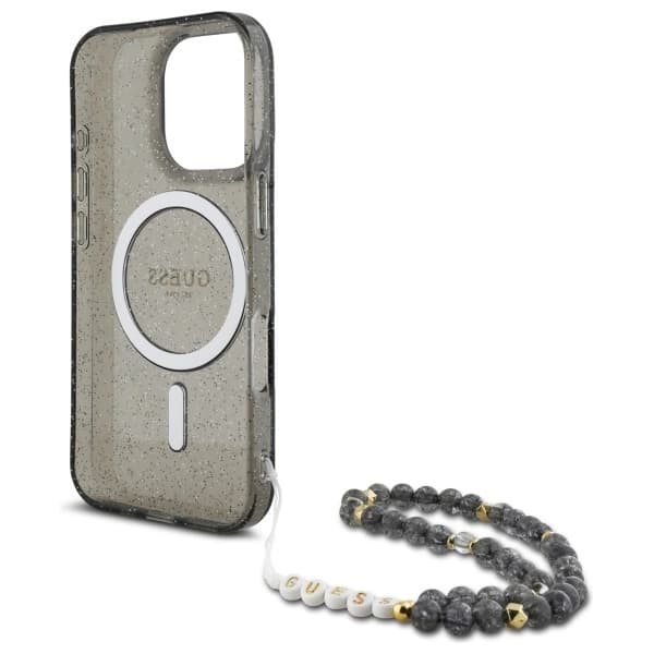 Guess iPhone 16 Pro Max Mobilskal MagSafe IML Glitter Med Strap - Svart