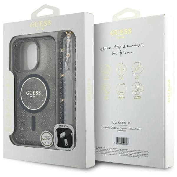 Guess iPhone 16 Pro Max Mobilskal MagSafe IML Glitter Med Strap - Svart