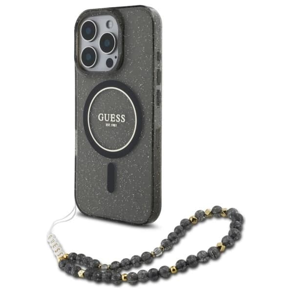 Guess iPhone 16 Pro Max Mobilskal MagSafe IML Glitter Med Strap - Svart