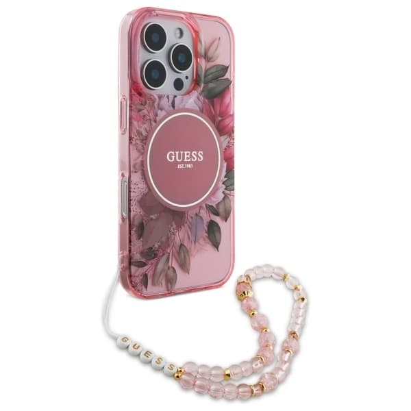 Guess iPhone 16 Pro Max Mobilskal MagSafe IML Flowers Med Pearl Strap