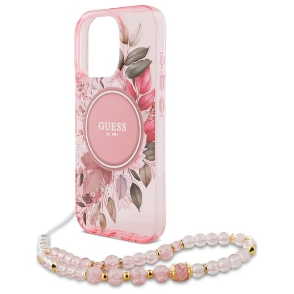 Guess iPhone 16 Pro Max Mobilskal MagSafe IML Flowers Med Pearl Strap