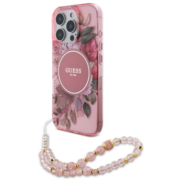 Guess iPhone 16 Pro Max Mobilskal MagSafe IML Flowers Med Pearl Strap
