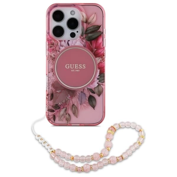 Guess iPhone 16 Pro Max Mobilskal MagSafe IML Flowers Med Pearl Strap