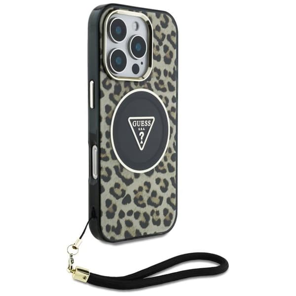 Guess iPhone 16 Pro Max Mobilskal MagSafe IML Leopard Triangle Strap - Brun