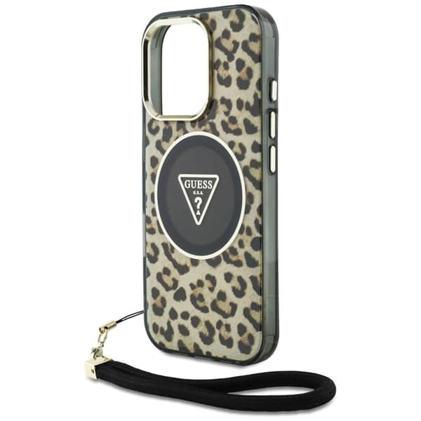 Guess iPhone 16 Pro Max Mobilskal MagSafe IML Leopard Triangle Strap - Brun