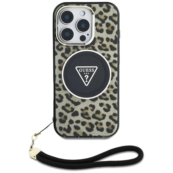 Guess iPhone 16 Pro Max Mobilskal MagSafe IML Leopard Triangle Strap - Brun