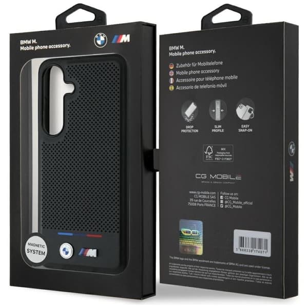 BMW Galaxy S25 Mobilskal MagSafe Läder Tricolor Stripe - Svart