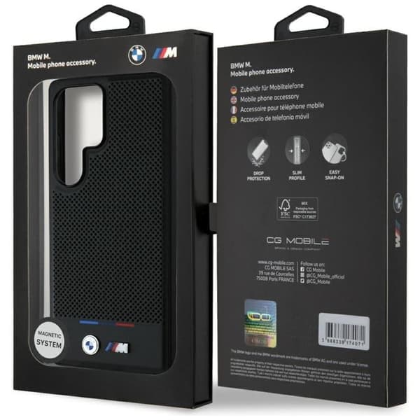 BMW Galaxy S25 Ultra Mobilskal MagSafe Läder Tricolor Stripe - Svart