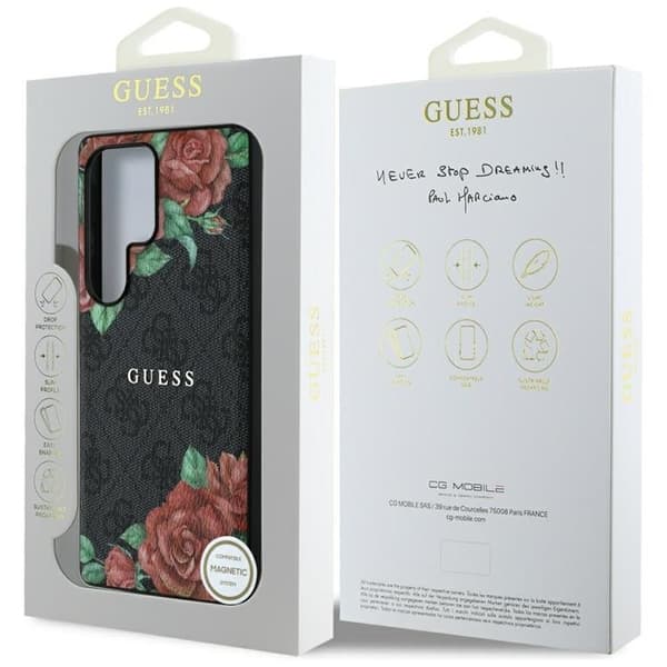 Guess Galaxy S25 Ultra Mobilskal MagSafe Flowers Print Metal Logo - Svart