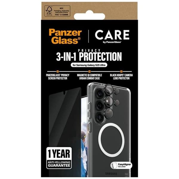 [3in1] CARE Galaxy S25 Ultra MagSafe Skal, Privacy Härdat Glas, Kameralinsskydd