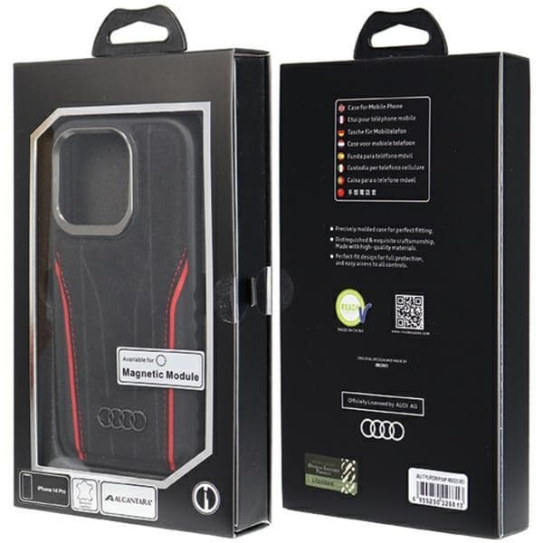 Audi iPhone 15 Pro Max Mobilskal Magsafe Genuine Läder - Svart/Röd
