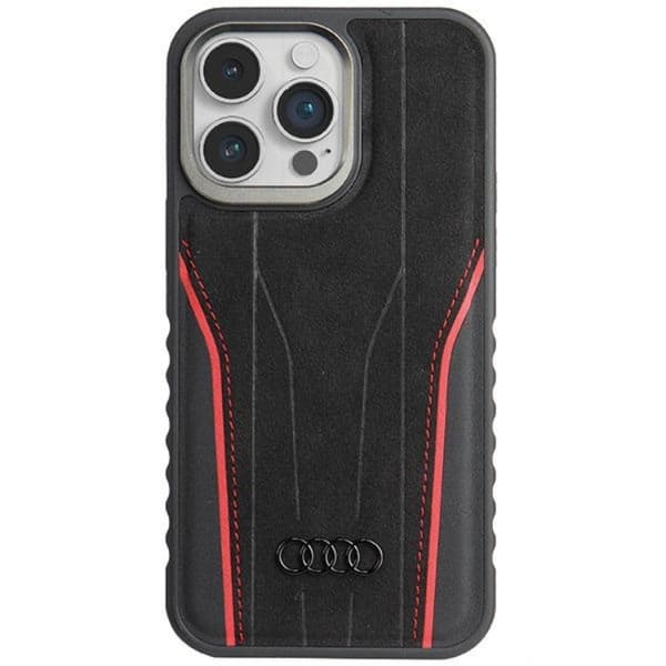 Audi iPhone 15 Pro Max Mobilskal Magsafe Genuine Läder - Svart/Röd