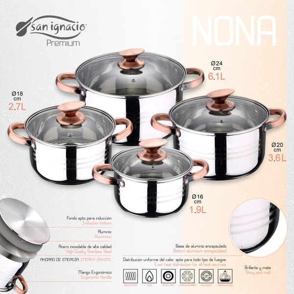 San Ignacio Keittoastiasetti Nona 18/22/26 Cm Pk3700 8 Kappaleita Kanssa Aseta Pannut Hopeinen