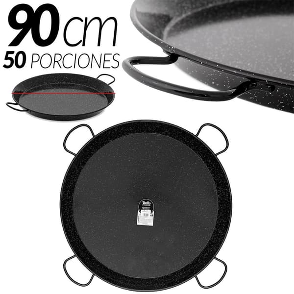 Paellapannu, emaloitu teräs, valmistettu Espanjassa, 90 cm - 50 annosta 4 kahvalla