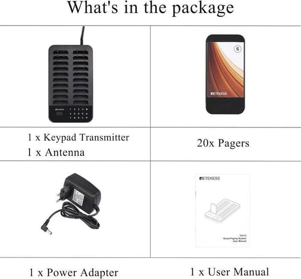 Retekess TD173 Pager Trådlöst System, Anropssystem, 20 Bipper, 500M Räckvidd Beeper, 7 Anropslägen, 1-999s Påminnelse, för Hotell, Bar