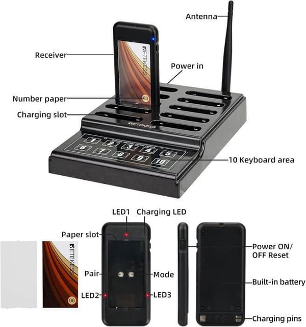 Retekess TD174 Pager Trådlöst System, TelefonNotifier, 10 Bippers, 300M, 3 Samtalslägen, Restaurang Bipper, Matvagn