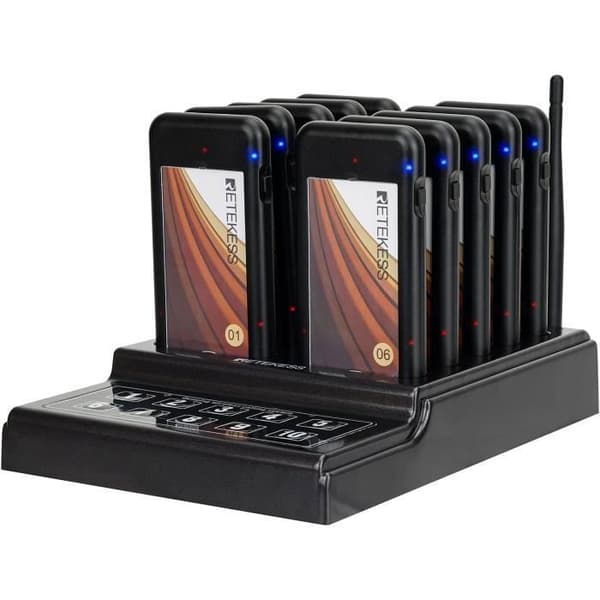 Retekess TD174 Pager Trådlöst System, TelefonNotifier, 10 Bippers, 300M, 3 Samtalslägen, Restaurang Bipper, Matvagn