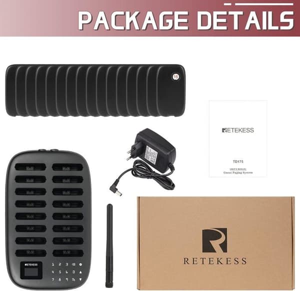 Retekess TD175 Pager System, Trådlöst Kallsystem, 16 Bipper, 1000M, Klar att använda utan parning, 7 Uppringningslägen, 998 Kanaler