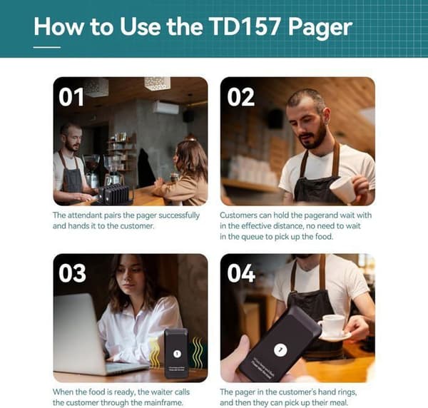 Retecess TD157 Pager trådlöst system, 500M, 20H arbetstid, trådlöst anropssystem för klinik, hotell, logistik (16 ljudsignaler)