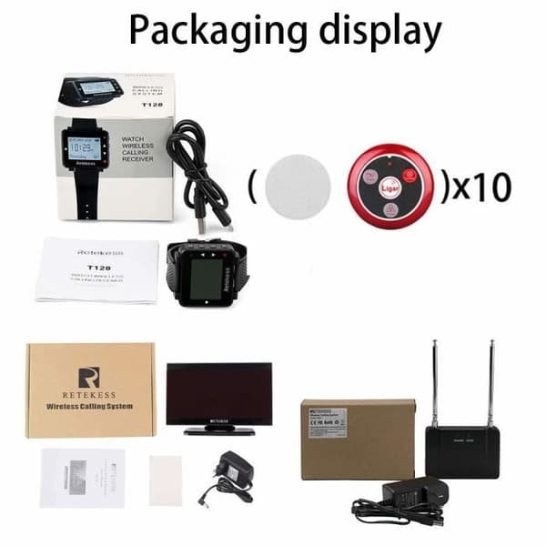 Retecess T128-T117-TD105 Restaurangsamtalssystem 7 röstsändningslägen 1 klocka Mottagare 1 PC Display Mottagare