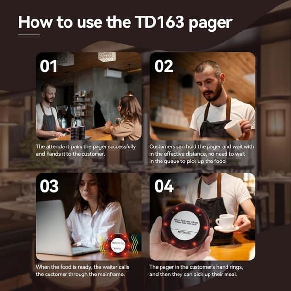 Retecess TD163 Personsökarsystem, Mini Wireless Calling System, 20 Coasters, Rostfritt stål Laddning 4 Call Modes 250s Längd 20H