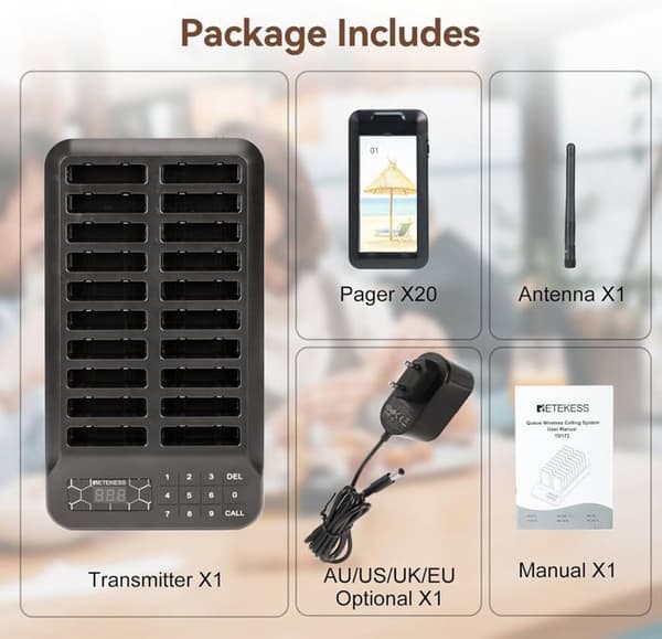 Retecess TD172 personsökarsystem, trådlöst samtalssystem, 400M, 2 samtalslägen, IP32, 300mAh 18H, 20 personsökare, för restauranger, hotell