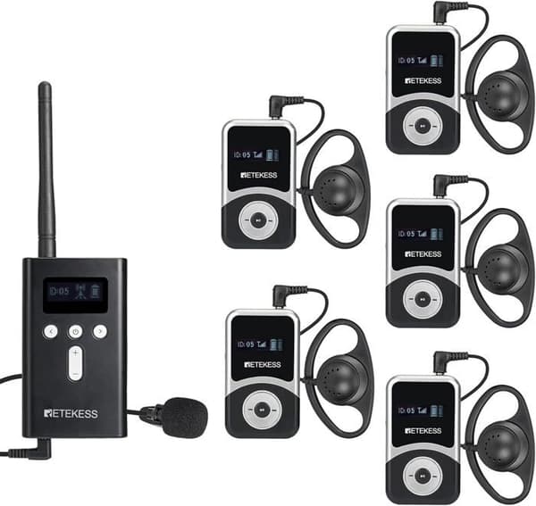 Retekess T130S Trådlöst Audio Guide System, 100m, D Headset, Språkinterpretationssystem för Turister (5 Mottagare)