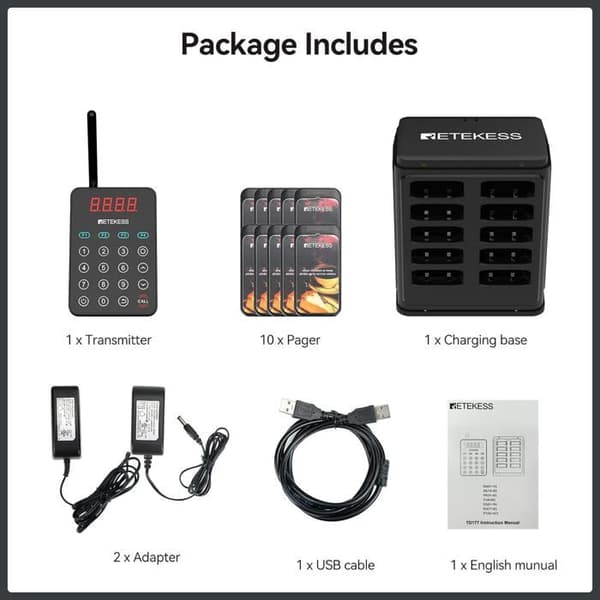 Retekess TD177 Pager Trådlöst System, Restaurang Bipeur, 500M, IP67, Grupp Anropsfunktion, för Food Truck, Bar (10 Bipeur)