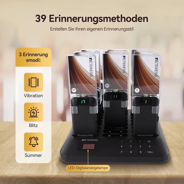 Retekess TD157A Telesystem för samtal med pager, restaurangsystem med pager, 800M, 39 samtalslägen, 300mAh (24 pagers)