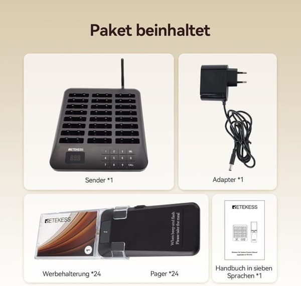 Retekess TD157A Telesystem för samtal med pager, restaurangsystem med pager, 800M, 39 samtalslägen, 300mAh (24 pagers)