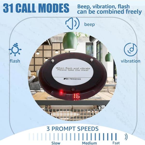 Retekess TD163 Bipper, Trådlöst Call System, 31 Ringsättningar, Räckvidd 400M, Batteri 300 mAh för Restaurang (5 Nootare)