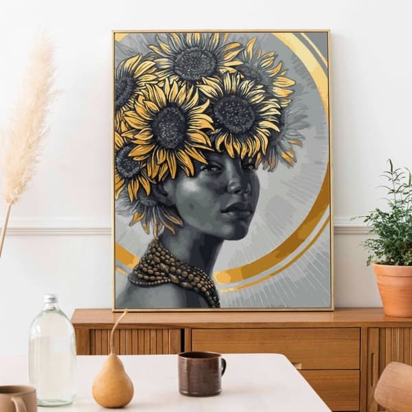 Numeroiden mukaan maalaussetti Tyttö ja auringonkukat 40x50 kultamaali