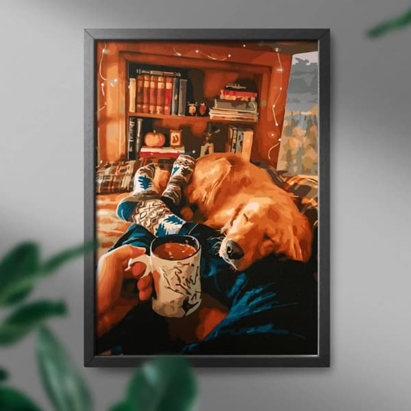 Maleri efter tal-sæt Kaffe og hund 40x50