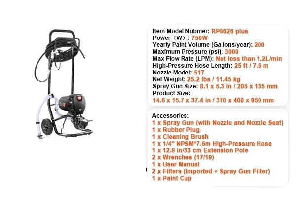 Luftfri färgspruta, 750W effekt, 3000PSI tryck, 750W med vagn