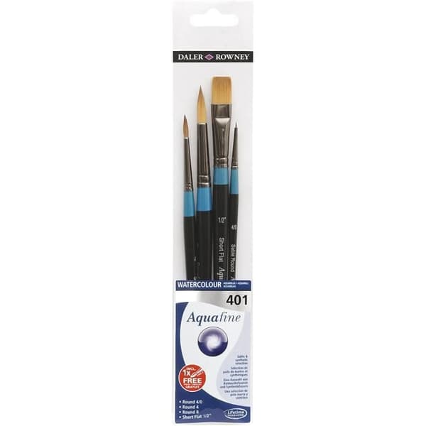 Aquafine Daler Rowney 401 Handgjord akvarellpenselsats, svart, kort skaft, 4-delad